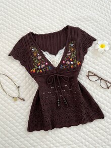 Elamini 女款百搭鄉村風波希米亞細緻刺繡花卉植物圖案蝴蝶結針織上衣 度假棕色花卉夏季野餐款 - 咖啡棕 - 查看 6