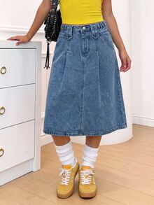 SHEIN تنورة جينز كاجوال للفتيات المراهقات، ربيع/خريف/شتاء، جينز أزرق متوسط، حافة واسعة على شكل حرف A، تصميم ضيق، قماش ناعم ومريح، ملابس موضة يومية - أزرق متوسط - مشاهدة 1