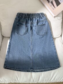 SHEIN تنورة جينز كاجوال للفتيات المراهقات، ربيع/خريف/شتاء، جينز أزرق متوسط، حافة واسعة على شكل حرف A، تصميم ضيق، قماش ناعم ومريح، ملابس موضة يومية - أزرق متوسط - مشاهدة 3