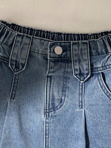 SHEIN تنورة جينز كاجوال للفتيات المراهقات، ربيع/خريف/شتاء، جينز أزرق متوسط، حافة واسعة على شكل حرف A، تصميم ضيق، قماش ناعم ومريح، ملابس موضة يومية - أزرق متوسط - مشاهدة 4