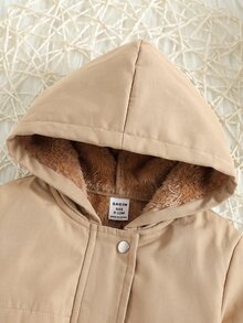 Baby Girl Mid-Length Hooded Thermal Lined Composite Thermal Long Sleeve Zipper Front Windbreaker Jacket Suitable For Winter - Khaki - View 5