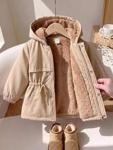 Baby Girl Mid-Length Hooded Thermal Lined Composite Thermal Long Sleeve Zipper Front Windbreaker Jacket Suitable For Winter - Khaki - View 1
