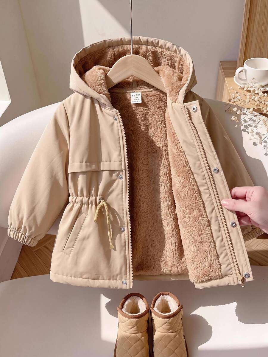 Baby Girl Mid-Length Hooded Thermal Lined Composite Thermal Long Sleeve Zipper Front Windbreaker Jacket Suitable For Winter - Khaki - View 1