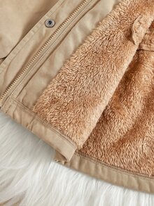 Baby Girl Mid-Length Hooded Thermal Lined Composite Thermal Long Sleeve Zipper Front Windbreaker Jacket Suitable For Winter - Khaki - View 6