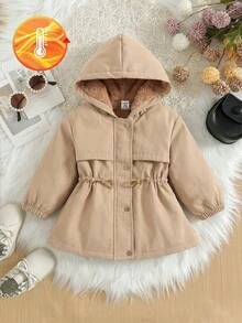 Baby Girl Mid-Length Hooded Thermal Lined Composite Thermal Long Sleeve Zipper Front Windbreaker Jacket Suitable For Winter - Khaki - View 9