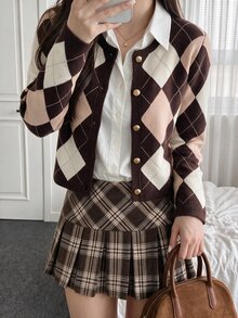 Comfortcana 女款圓領菱格紋休閒深色學院風 2000s 百搭校園日常辦公開襟衫 秋冬 2026 棕色與粉色 - 彩色 - 查看 6
