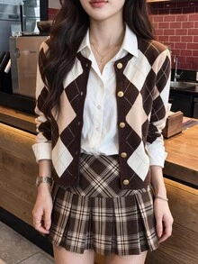 Comfortcana 女款圓領菱格紋休閒深色學院風 2000s 百搭校園日常辦公開襟衫 秋冬 2026 棕色與粉色 - 彩色 - 查看 5