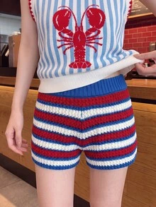 Comfortcana 女款可愛休閒針織短褲 街頭時尚 夏季度假穿搭 2000年代風格 鄉村音樂節 海灘 紅白條紋 藍白條紋 - 彩色 - 查看 2