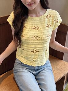 Comfortcana 女款鏤空設計圓領休閒浪漫可愛針織上衣,淺黃色,適合早午餐與度假,夏季穿搭 - 鵝黃色 - 查看 5
