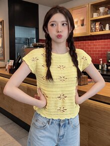 Comfortcana 女款鏤空設計圓領休閒浪漫可愛針織上衣,淺黃色,適合早午餐與度假,夏季穿搭 - 鵝黃色 - 查看 6