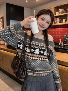 Comfortcana 女款萬聖節幽靈幾何圖案針織上衣 假日卡其色 秋冬可愛圖案 度假家庭日常休閒 - 彩色 - 查看 1