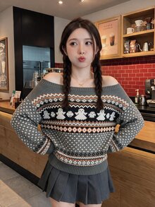 Comfortcana 女款萬聖節幽靈幾何圖案針織上衣 假日卡其色 秋冬可愛圖案 度假家庭日常休閒 - 彩色 - 查看 4
