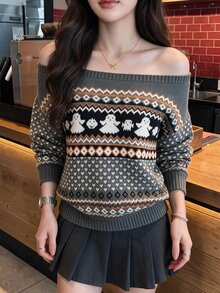Comfortcana 女款萬聖節幽靈幾何圖案針織上衣 假日卡其色 秋冬可愛圖案 度假家庭日常休閒 - 彩色 - 查看 3