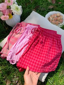 Comfortcana 女款 3 件組夏季可愛粉色格紋短褲套裝，抽繩腰格紋休閒款，百搭海灘野餐度假穿搭，Y2K 風格 - 彩色 - 查看 7