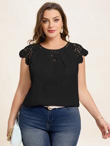 Reflora Plus Size Women's Summer Solid Color Round Neck Contrast Lace Elegant Blouse With Cap Sleeves,Business Casual Woman - Black - View 3
