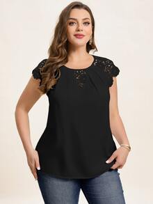 Reflora Plus Size Women's Summer Solid Color Round Neck Contrast Lace Elegant Blouse With Cap Sleeves,Business Casual Woman - Black - View 5