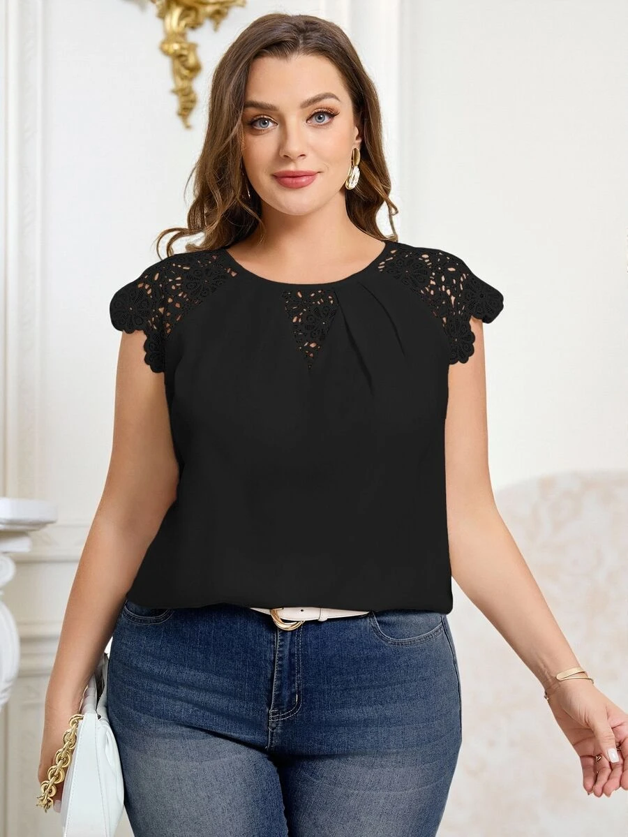 Reflora Plus Size Women's Summer Solid Color Round Neck Contrast Lace Elegant Blouse With Cap Sleeves,Business Casual Woman - Black - View 1