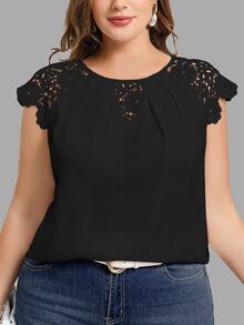 Reflora Plus Size Women's Summer Solid Color Round Neck Contrast Lace Elegant Blouse With Cap Sleeves,Business Casual Woman - Black - View 7