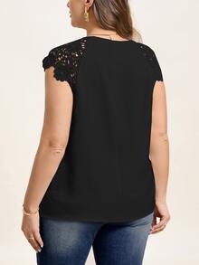 Reflora Plus Size Women's Summer Solid Color Round Neck Contrast Lace Elegant Blouse With Cap Sleeves,Business Casual Woman - Black - View 2