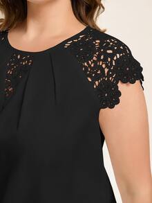 Reflora Plus Size Women's Summer Solid Color Round Neck Contrast Lace Elegant Blouse With Cap Sleeves,Business Casual Woman - Black - View 4