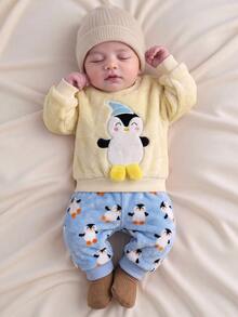 SHEIN Kids Kids Kids Newborn Cute 3 Pattern Kids Soft Comfortable Pullover Autumn Top Casual Versatile Fuzzy Print Long Pants Set Suitable For Winter - Blue and White - View 3