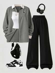 SHEIN Teen Girl Autumn Outfits Black Shirt Contrast White Collar Design, Delicate Horse Embroidery Sixth Form Formal Casual Streetwear - Multicolor - View 2