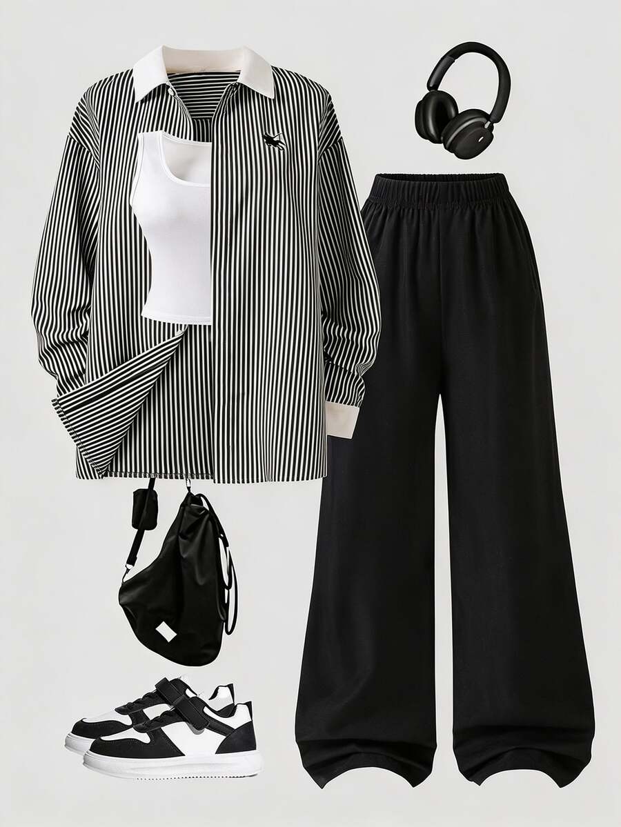 SHEIN Teen Girl Autumn Outfits Black Shirt Contrast White Collar Design, Delicate Horse Embroidery Sixth Form Formal Casual Streetwear