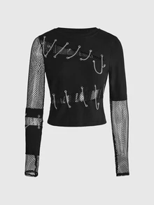 ROMWE Goth Punk Metal Chain & Fishnet Patchwork Fitted Women's T-Shirt - Black - View 8