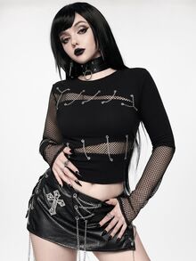ROMWE Goth Punk Metal Chain & Fishnet Patchwork Fitted Women's T-Shirt - Black - View 3