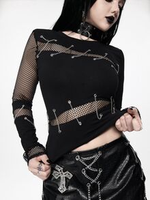 ROMWE Goth Punk Metal Chain & Fishnet Patchwork Fitted Women's T-Shirt - Black - View 6