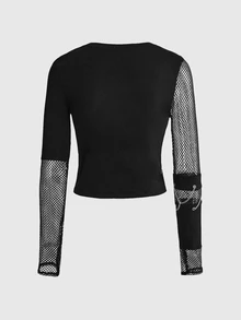 ROMWE Goth Punk Metal Chain & Fishnet Patchwork Fitted Women's T-Shirt - Black - View 9