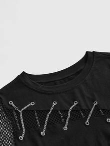 ROMWE Goth Punk Metal Chain & Fishnet Patchwork Fitted Women's T-Shirt - Black - View 10