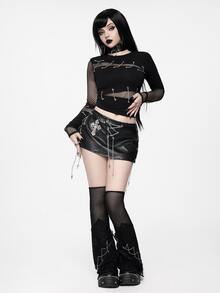 ROMWE Goth Punk Metal Chain & Fishnet Patchwork Fitted Women's T-Shirt - Black - View 7
