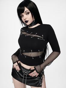 ROMWE Goth Punk Metal Chain & Fishnet Patchwork Fitted Women's T-Shirt - Black - View 5