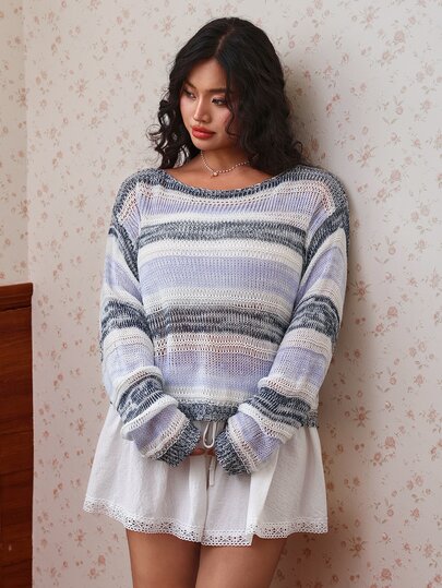 CovetEZ Autumn White Striped Color Block Asymmetrical Collar Long-Sleeved Vacation Casual Traditional Plus Size Pullover Sweater Formal Wedding Guest