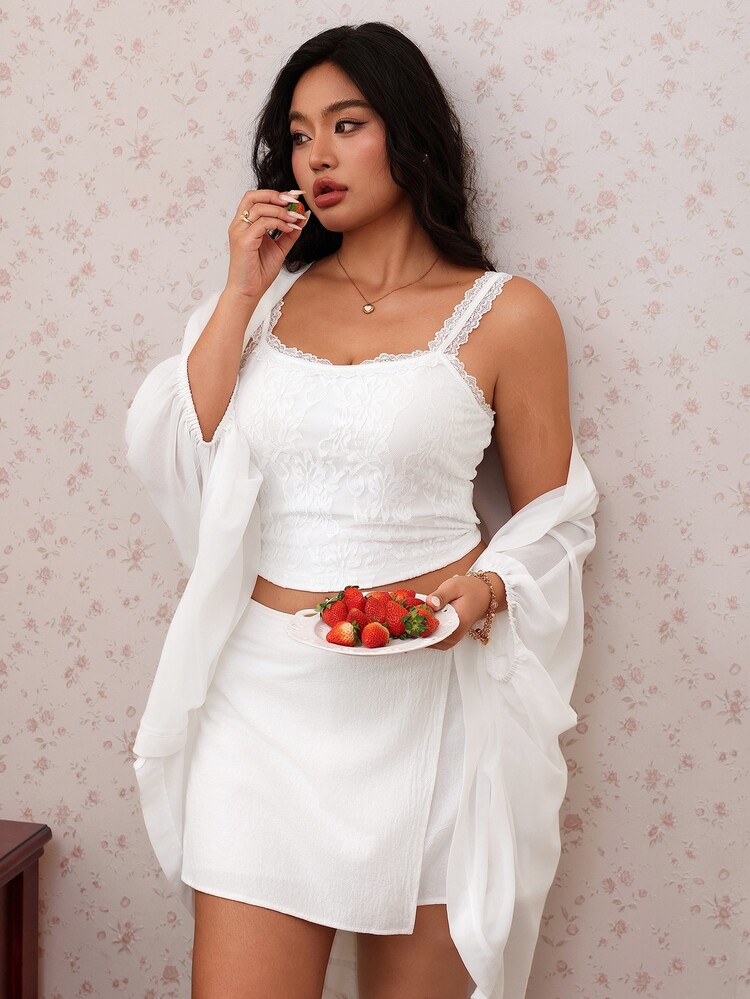 CovetEZ 3 Pieces Set: Loose Chiffon Batwing Sleeve Cardigan, Lace Frill Trim Tank Top And Mini Skirt Casual Bohemian Elegant Plus Size Teen Girl White Autumn - Green - View 1