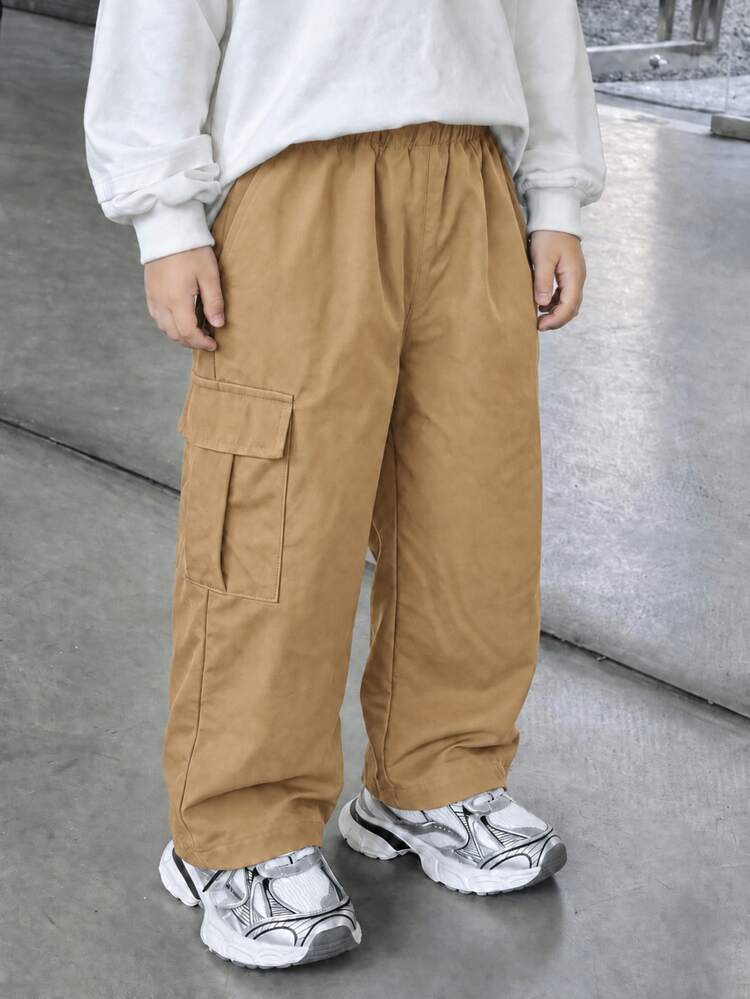 Kids Young Boys Casual Black Daily Comfortable 3D Pocket Loose Solid Color Woven Shorts Cargo Pants, Y2K Outfit, Suitable For Spring Summer Autumn Winter, Outings, Valentine's Day, Dates, Travel, Vacation, Family Gatherings, Back To School, Wedding Season, Evening Parties, Sports, Birthday Parties - Khaki - View 4
