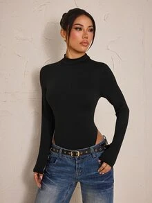 SHEIN PETITE Women's Solid Color Stand Collar Long Sleeve Casual Bodysuit - Black - View 7