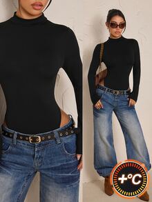 SHEIN PETITE Women's Solid Color Stand Collar Long Sleeve Casual Bodysuit - Black - View 11