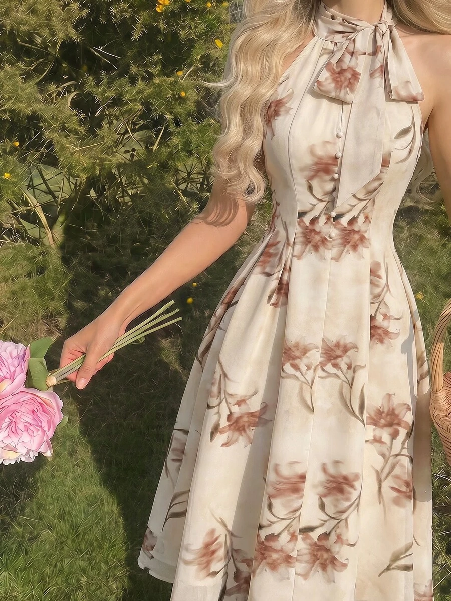 SHEIN MOD 女款優雅浪漫花卉印花掛脖洋裝 米色 夏季婚禮花園派對穿搭 - 彩色 - 查看 1
