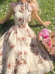 SHEIN MOD 女款優雅浪漫花卉印花掛脖洋裝 米色 夏季婚禮花園派對穿搭 - 彩色 - 查看 2
