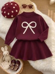SHEIN 少女針織圓領撞色蝴蝶結休閒毛衣與裙子兩件套 - 彩色 - 查看 2