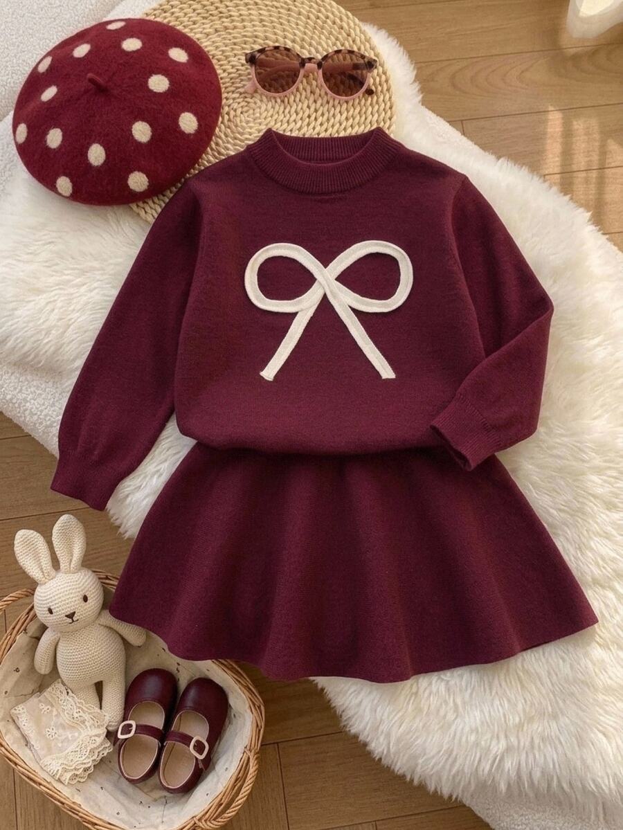 SHEIN Young Girl Knit Round Neck Contrast Color Bow Casual Sweater And Skirt 2 Pieces Set - Multicolor - View 1