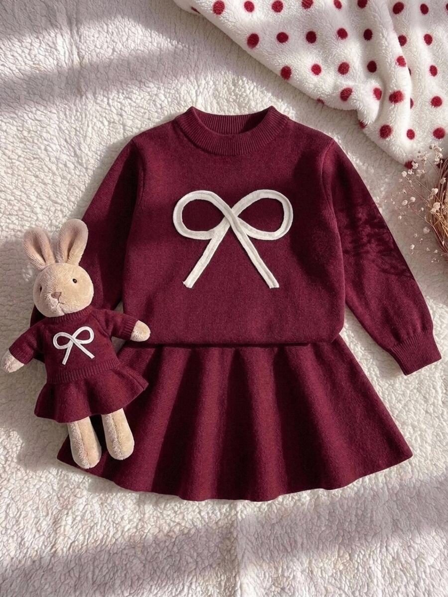 SHEIN 少女針織圓領撞色蝴蝶結休閒毛衣與裙子兩件套 - 彩色 - 查看 1