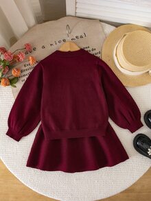 SHEIN 少女針織圓領撞色蝴蝶結休閒毛衣與裙子兩件套 - 彩色 - 查看 4
