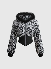 ROMWE Autumn/Winter Y2K Leopard Print Faux Fur & Fleece Hooded Cinched Waist Women's Sweatshirt - Black - View 1