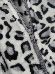 ROMWE Autumn/Winter Y2K Leopard Print Faux Fur & Fleece Hooded Cinched Waist Women's Sweatshirt - Black - View 13