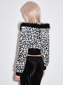 ROMWE Autumn/Winter Y2K Leopard Print Faux Fur & Fleece Hooded Cinched Waist Women's Sweatshirt - Black - View 3