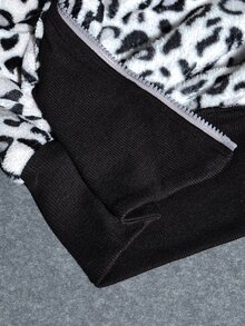 ROMWE Autumn/Winter Y2K Leopard Print Faux Fur & Fleece Hooded Cinched Waist Women's Sweatshirt - Black - View 10