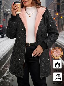 Reflora Plus Size Thermal Lined Fashion Sequin Zipper Long Sleeve Hooded Padded Coat - Black - View 8